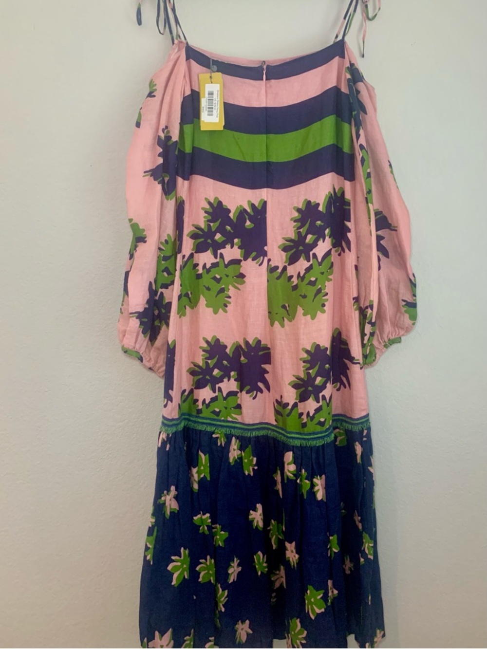 Silvia Tcherassi Oristano Off-Shoulder Linen Dress Navy Pink Blossom Floral Midi - Picture 3 of 15